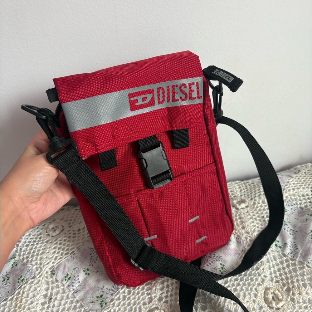 Diesel Red Crossbody Messenger Nylon Bag with Black Strap